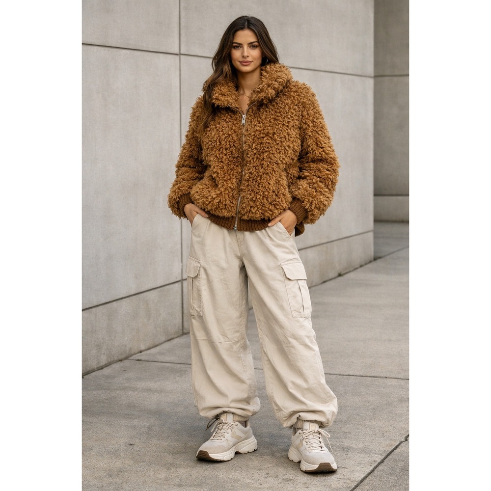 Faux Fur Teddy Jacket Womens XL Brown Fuzzy Furry Cozy Zip Up Winter Coat